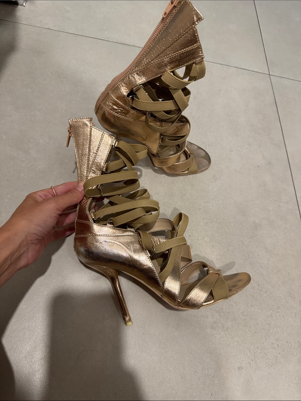 Strappy High Heel Sandals with Olive Elastic Accents